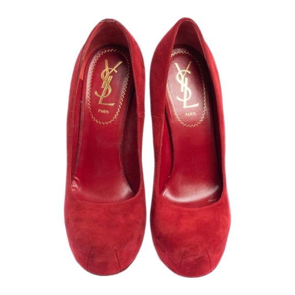 YSL Yves Saint Laurent Tribute Tribtoo 105 Red Suede Platform Pumps 👠 - Picture 6 of 9